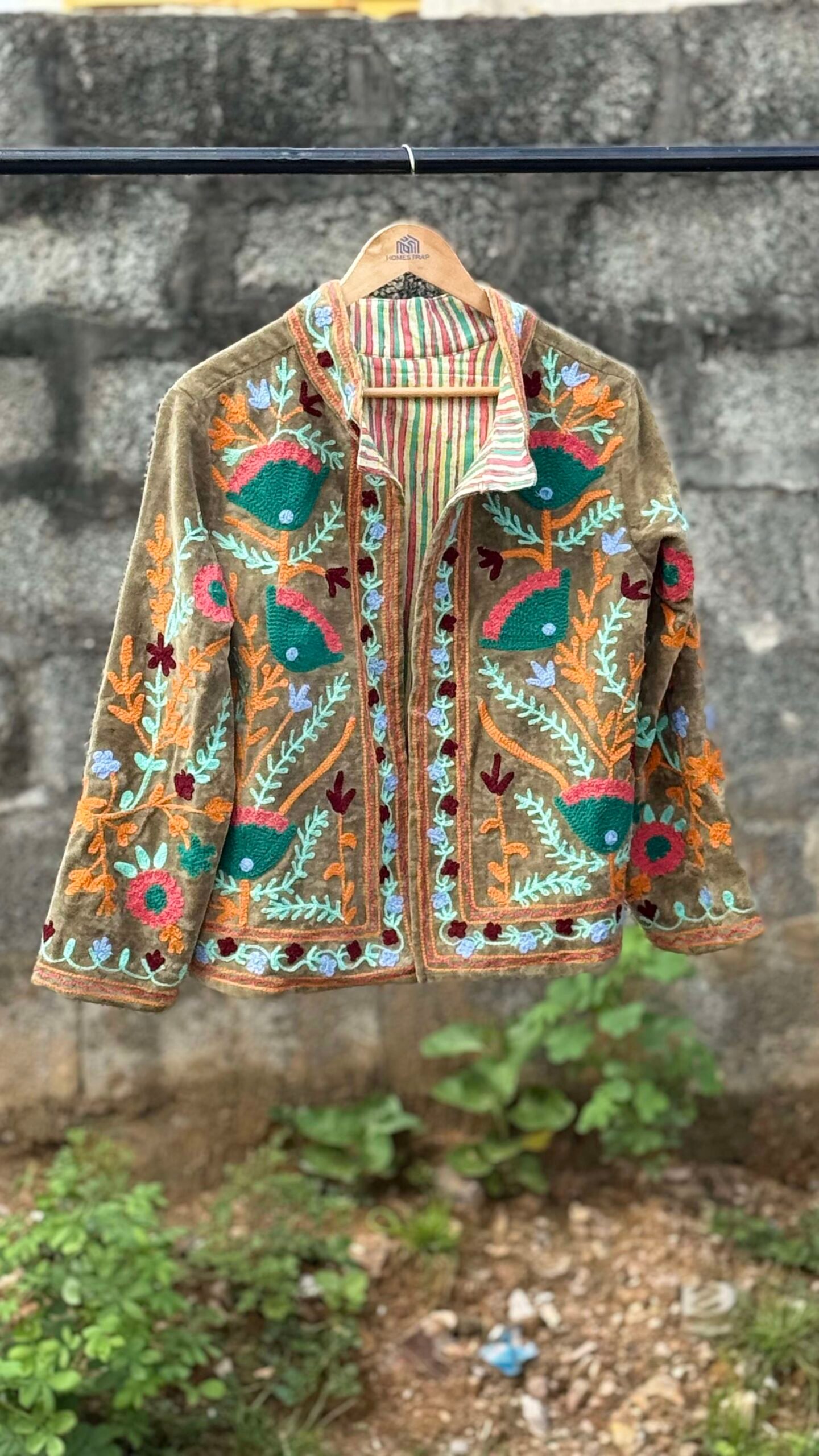 Womens Olive Green Velvet Embroidered Jacket with Floral Design - Image 2