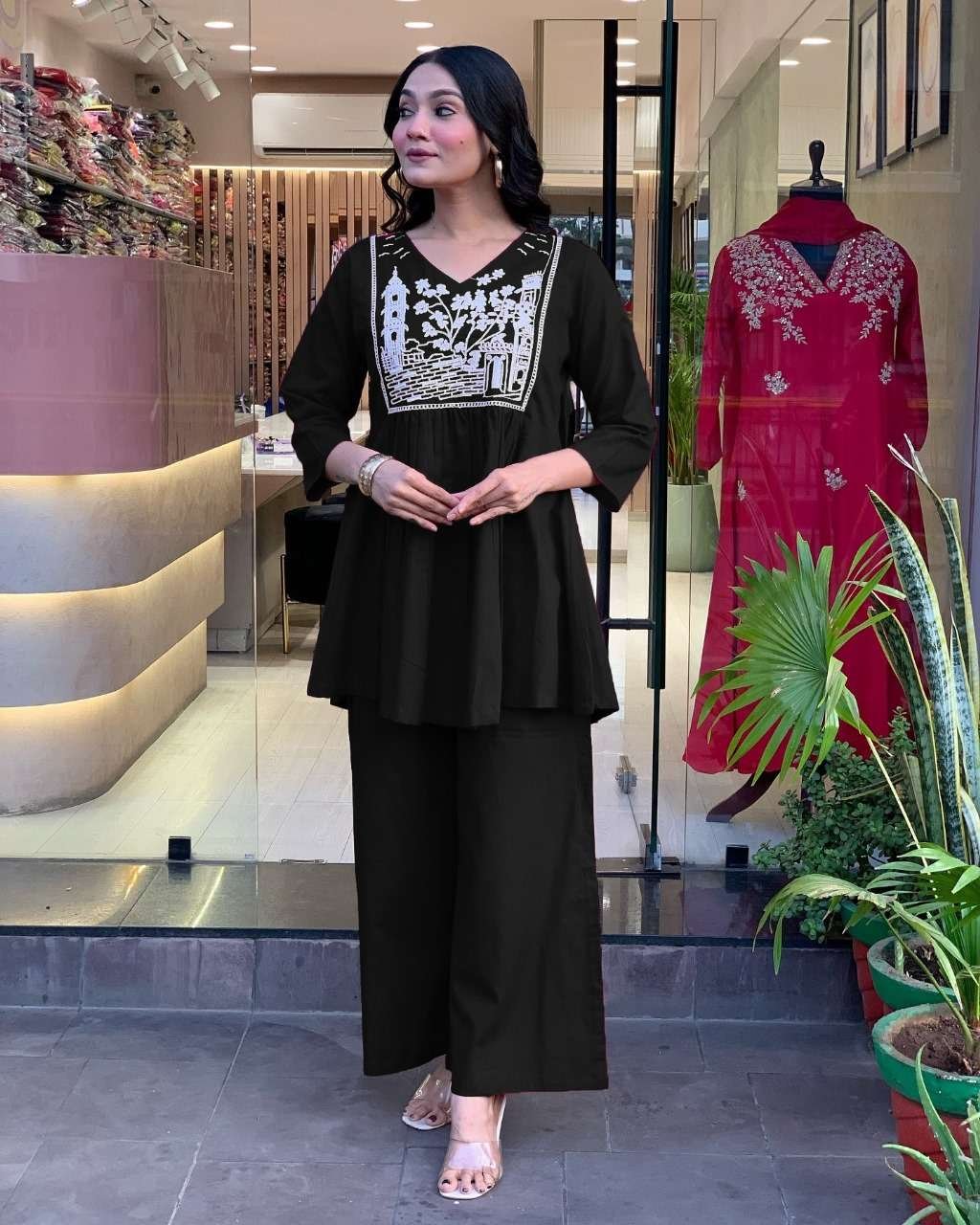 Women's Cotton Embroidered Flared Kurta With Pant Set